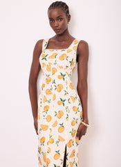 Orange Print Linen Blend Midi Dress