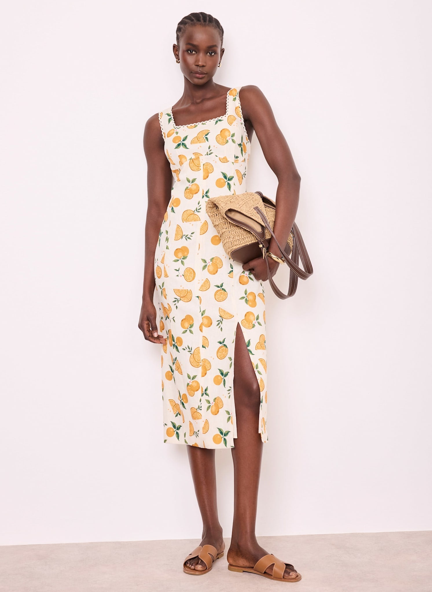 Orange Print Linen Blend Midi Dress