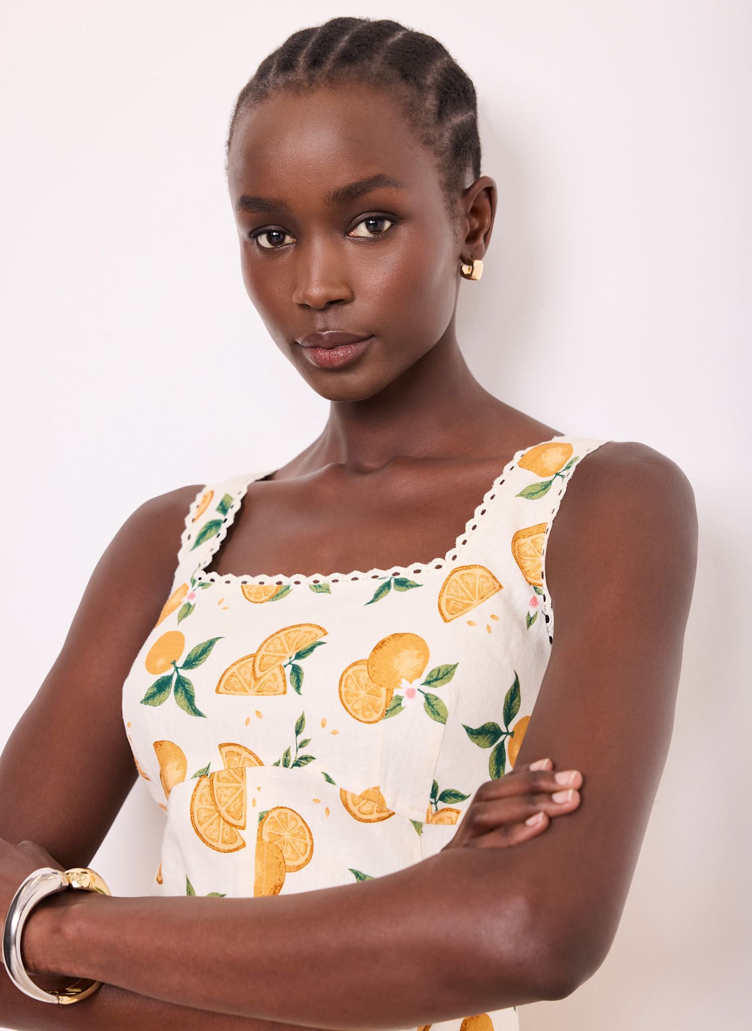 Orange Print Linen Blend Midi Dress