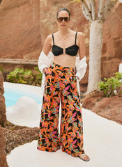 Orange Floral Print Wide Leg Trousers