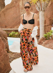 Orange Floral Print Wide Leg Trousers