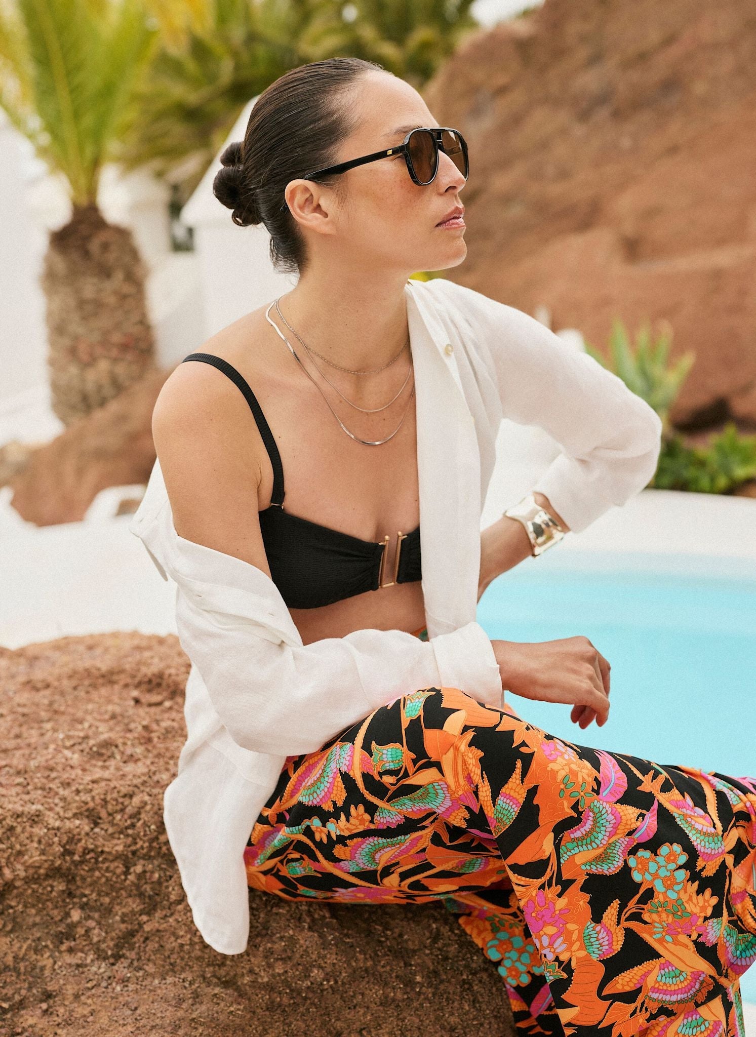 Orange Floral Print Wide Leg Trousers