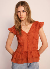 Orange Ramie Ruffle Detail Blouse
