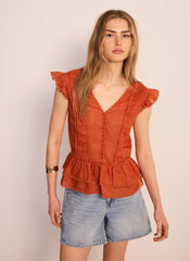 Orange Ramie Ruffle Detail Blouse