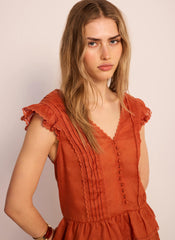 Orange Ramie Ruffle Detail Blouse