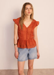 Orange Ramie Ruffle Detail Blouse