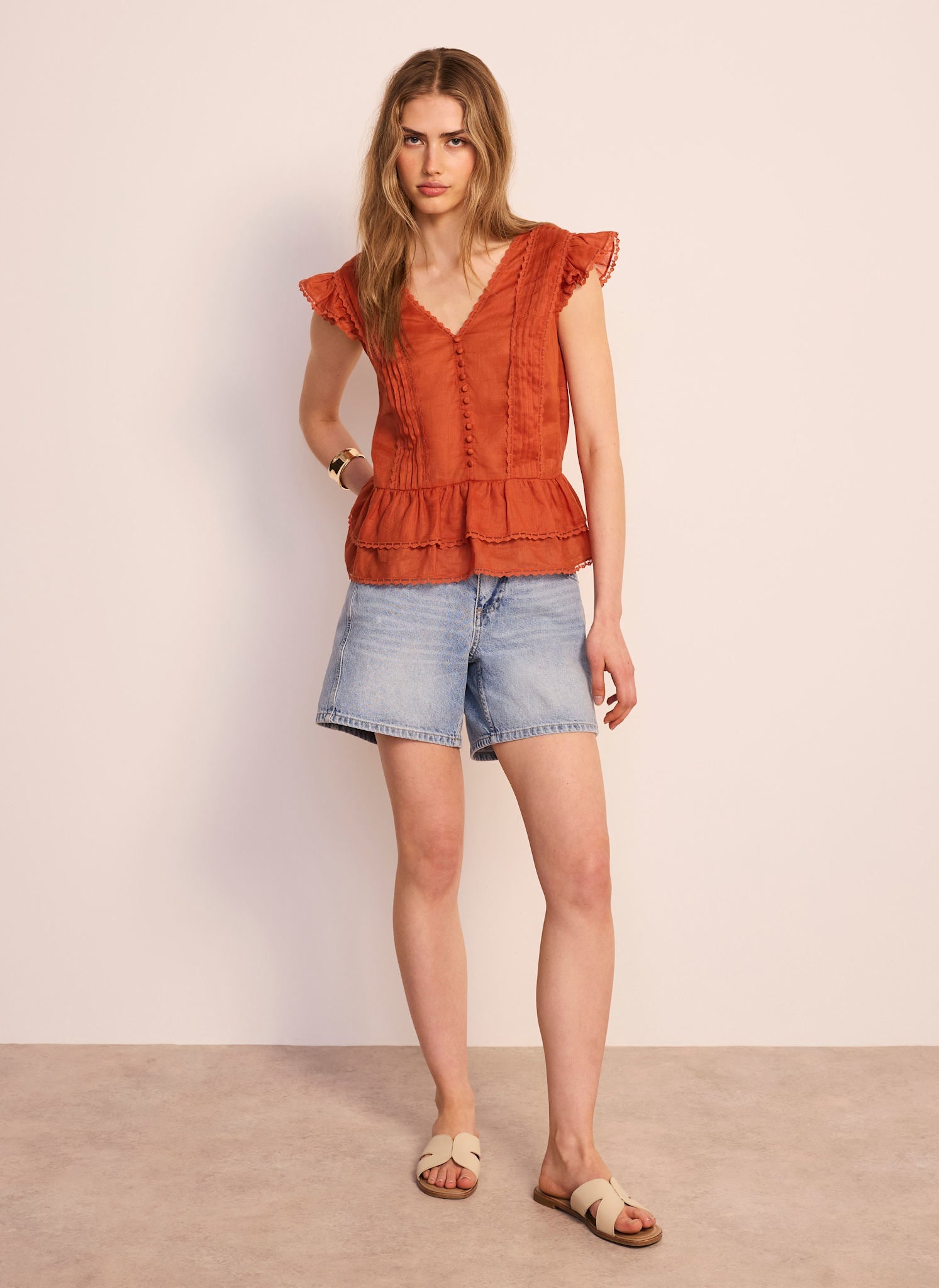 Orange Ramie Ruffle Detail Blouse