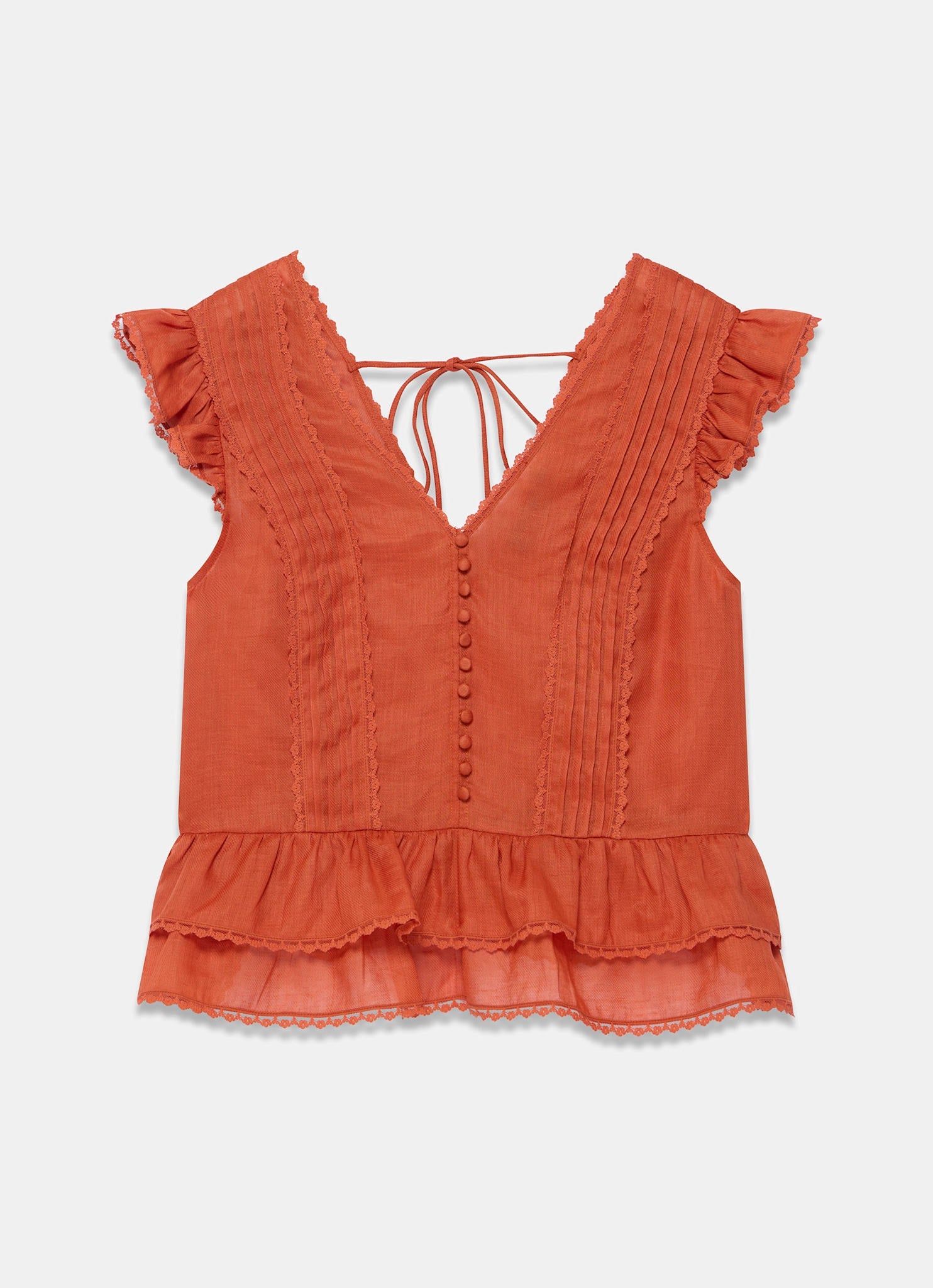 Orange Ramie Ruffle Detail Blouse