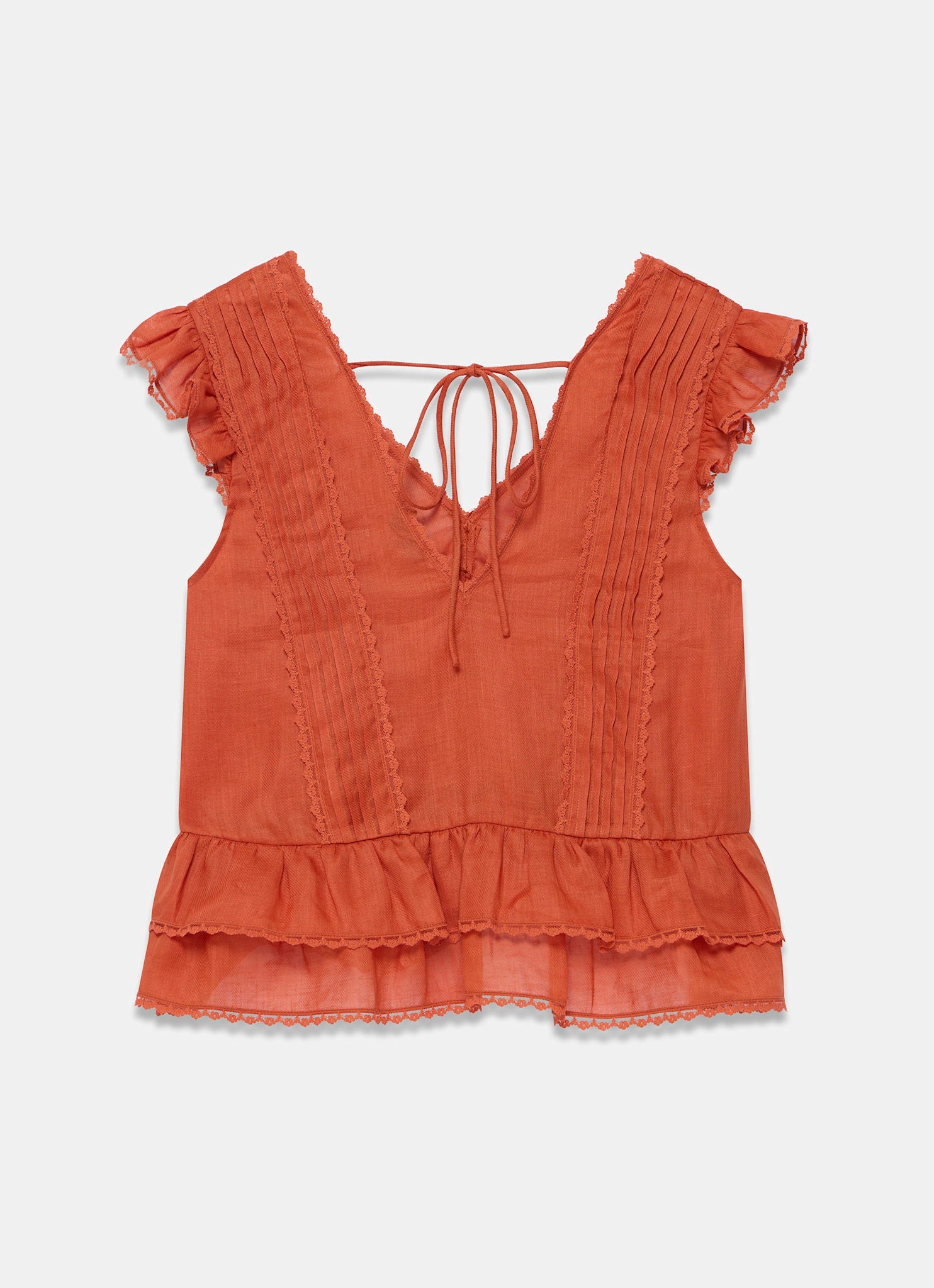 Orange Ramie Ruffle Detail Blouse