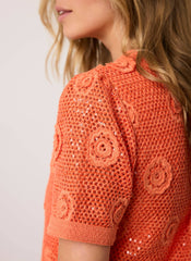 Orange Cotton Sequin Flower Crochet Top