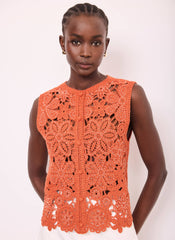 Orange Cotton Blend Crochet Top