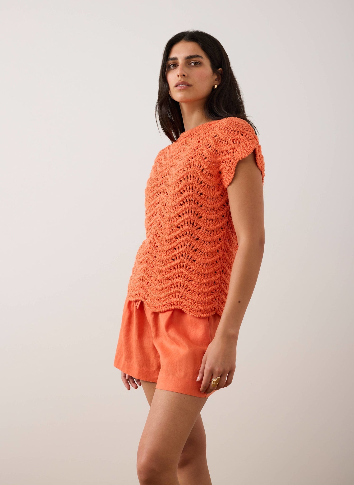 Orange Embellished Crochet Knit Top