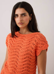 Orange Embellished Crochet Knit Top