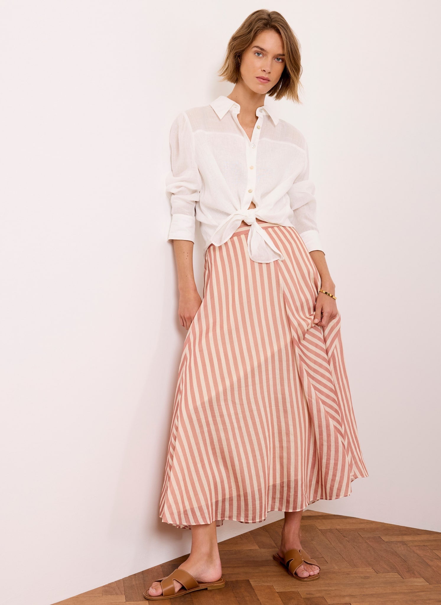 Orange Striped A Line Midi Skirt
