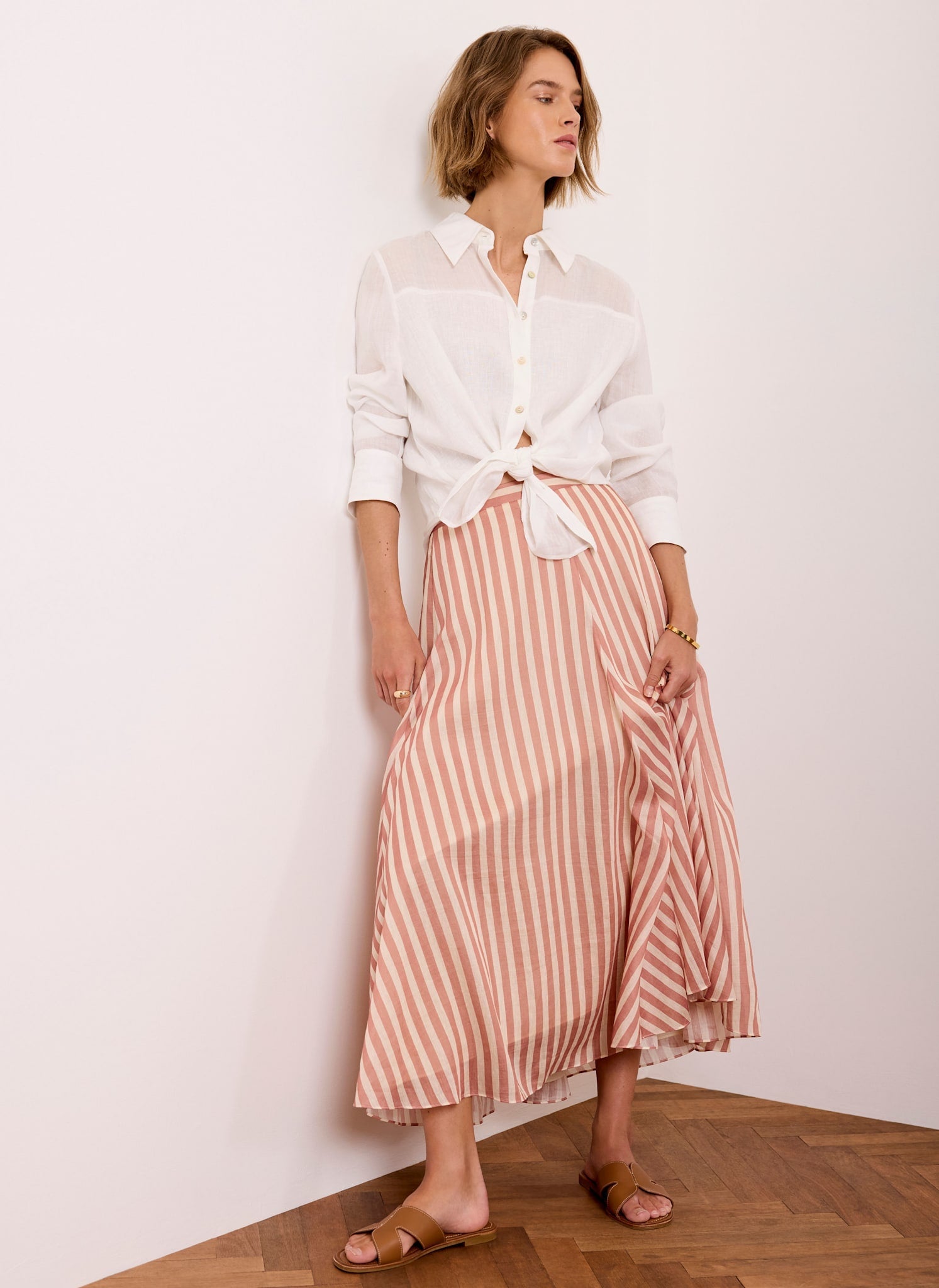 Orange Striped A Line Midi Skirt