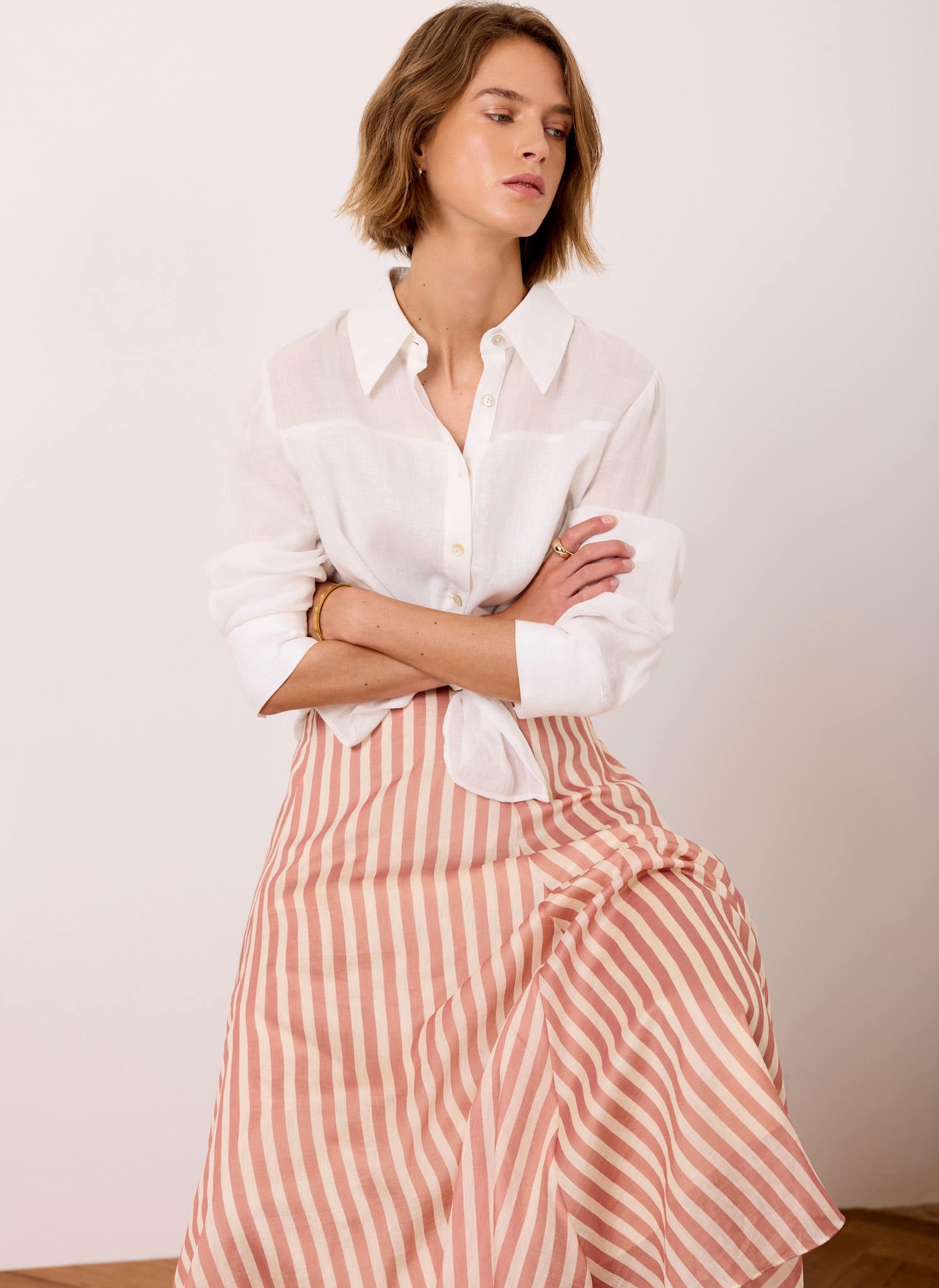 Orange Striped A Line Midi Skirt