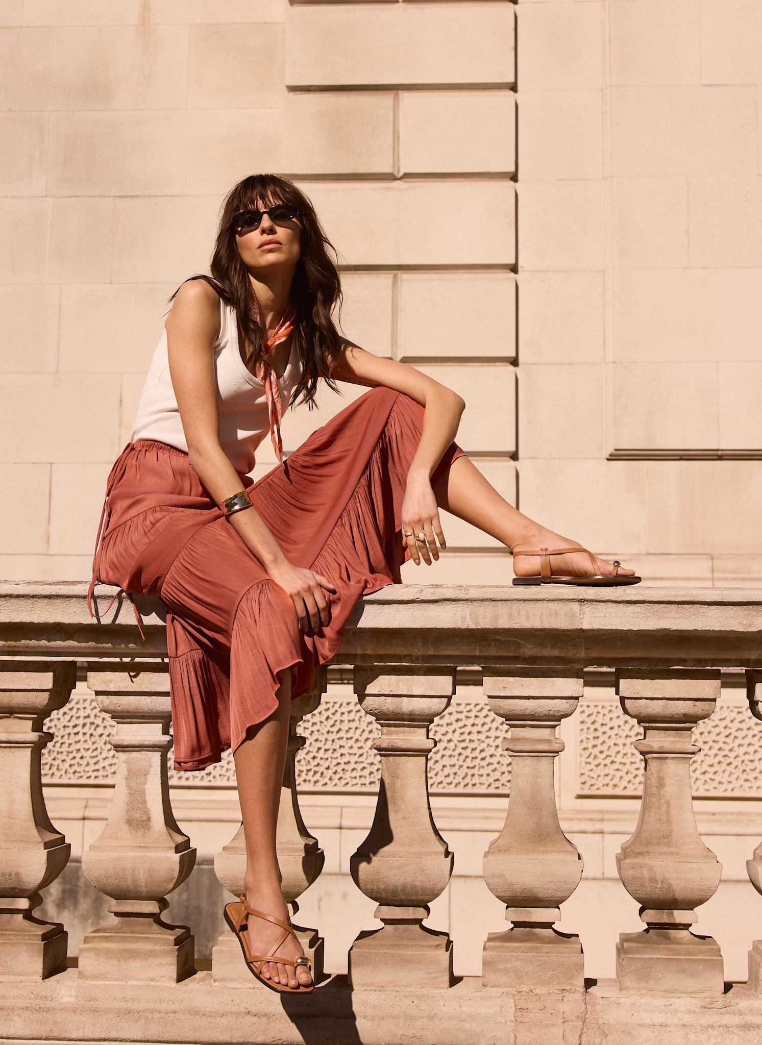Burnt Orange Satin Tiered Maxi Skirt