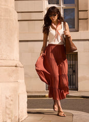 Burnt Orange Satin Tiered Maxi Skirt