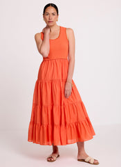 Orange Crochet Trim Tiered Midi Dress