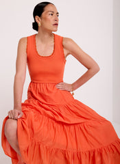 Orange Crochet Trim Tiered Midi Dress