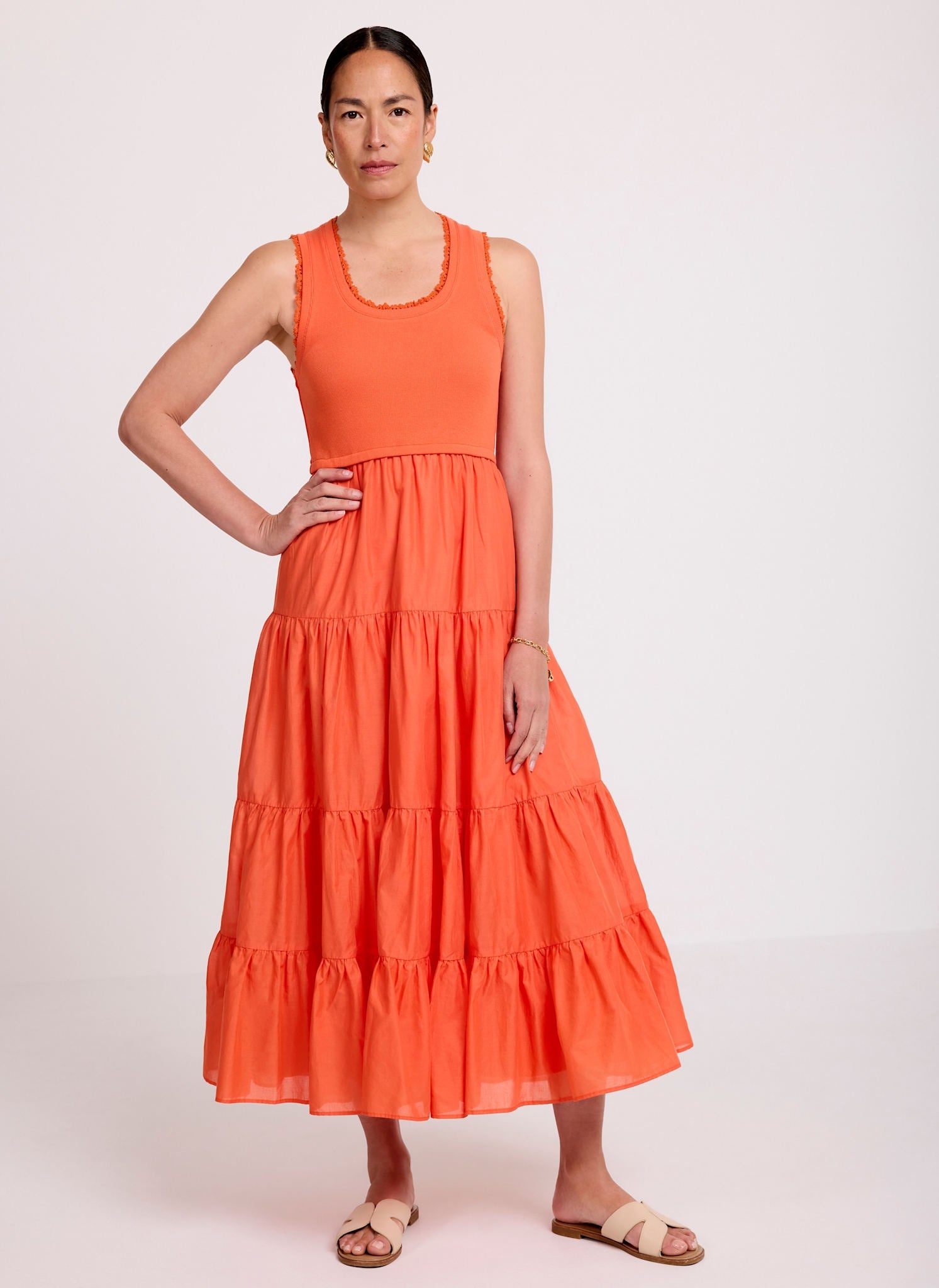 Orange Crochet Trim Tiered Midi Dress