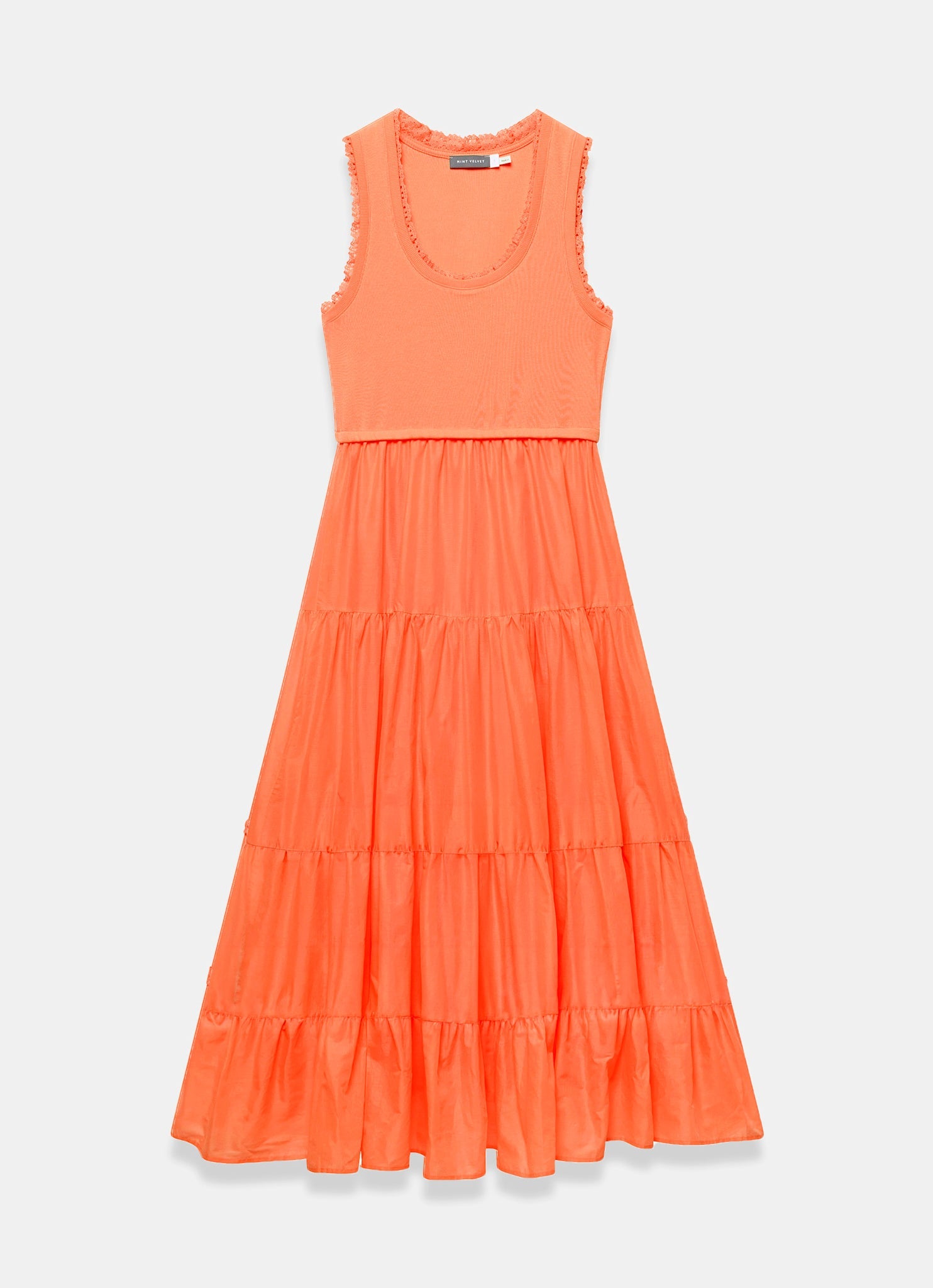 Orange Crochet Trim Tiered Midi Dress