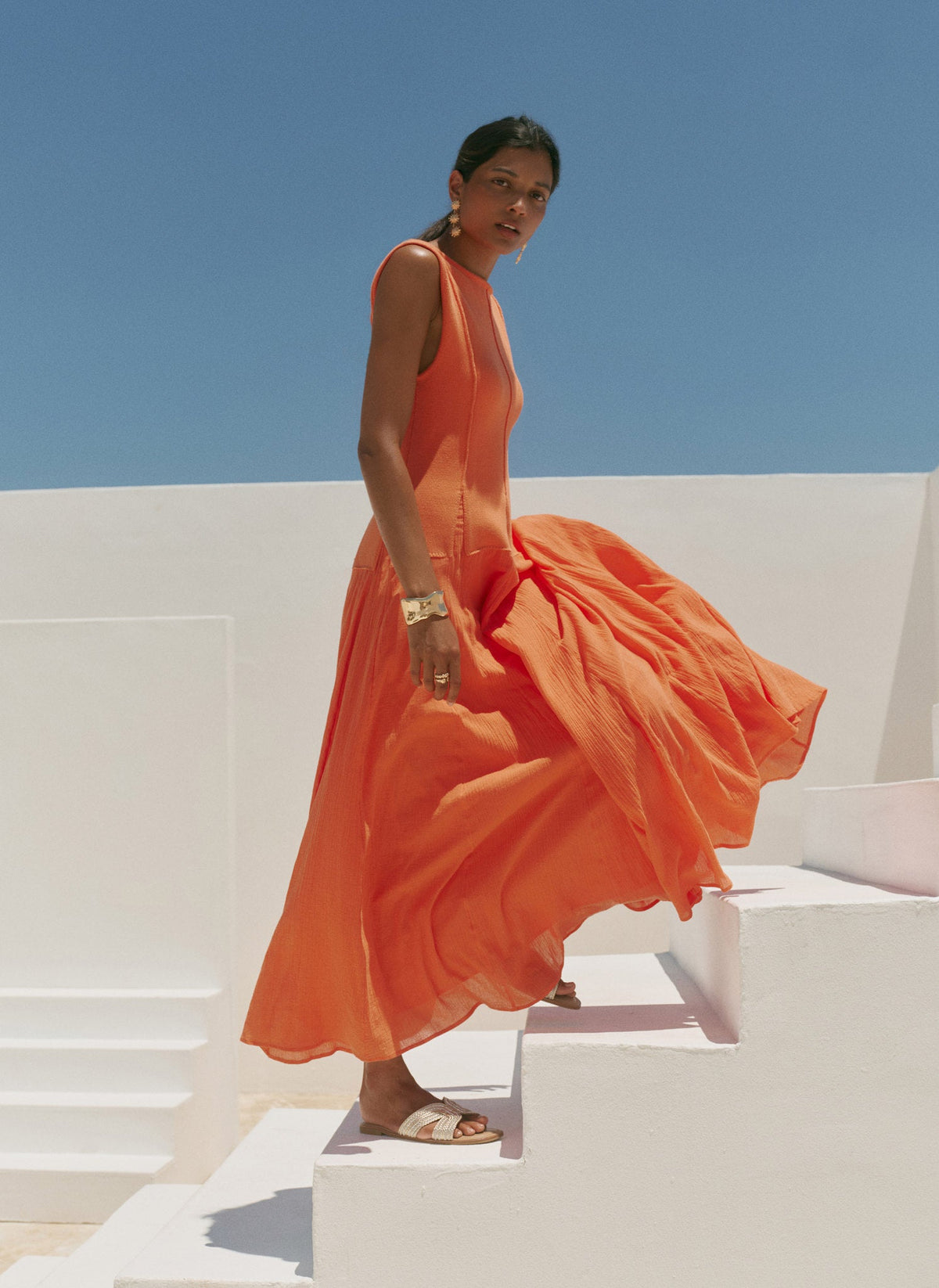 Orange Cotton Blend Drop Waist Maxi Dress
