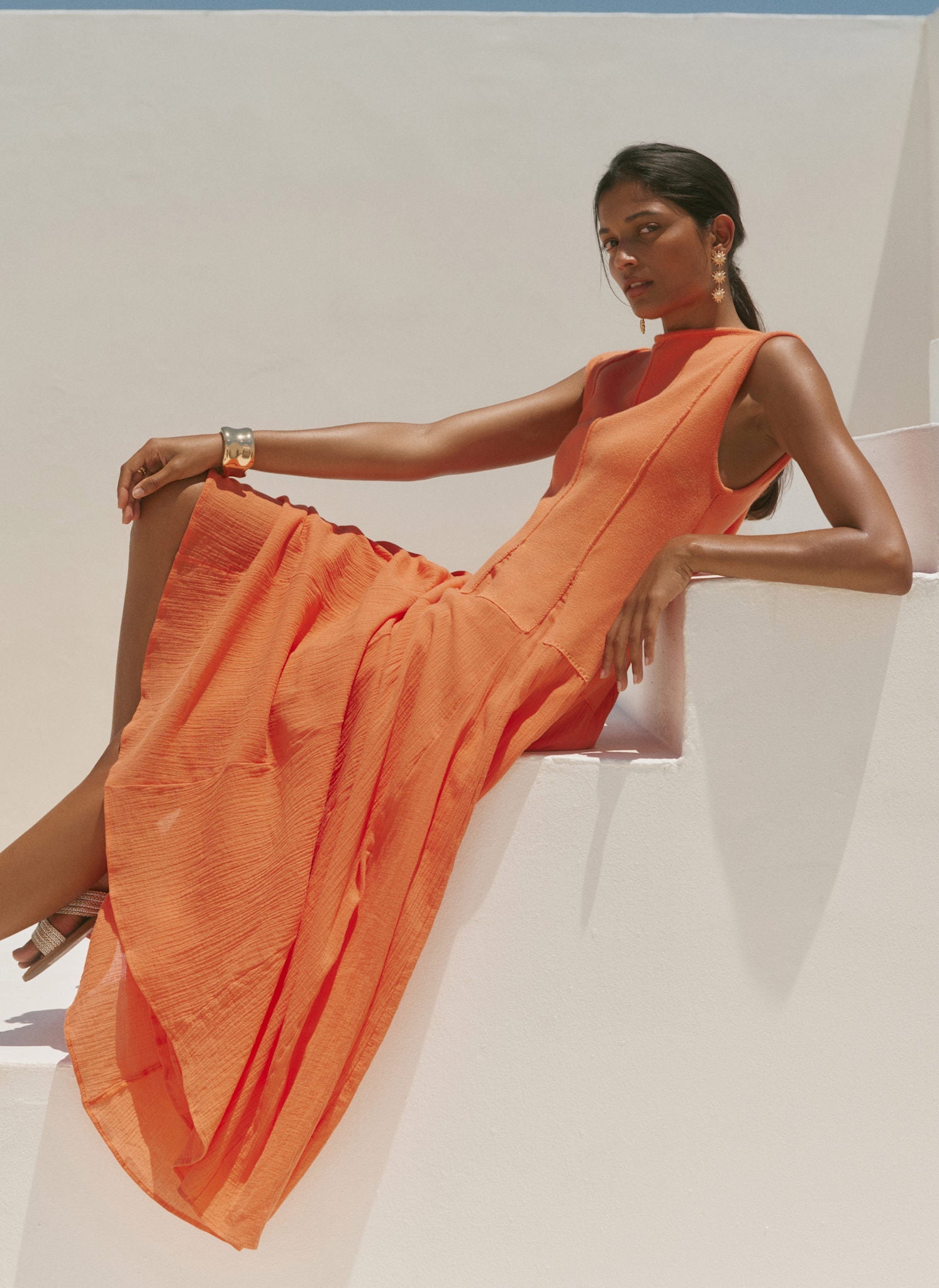 Orange Cotton Blend Drop Waist Maxi Dress