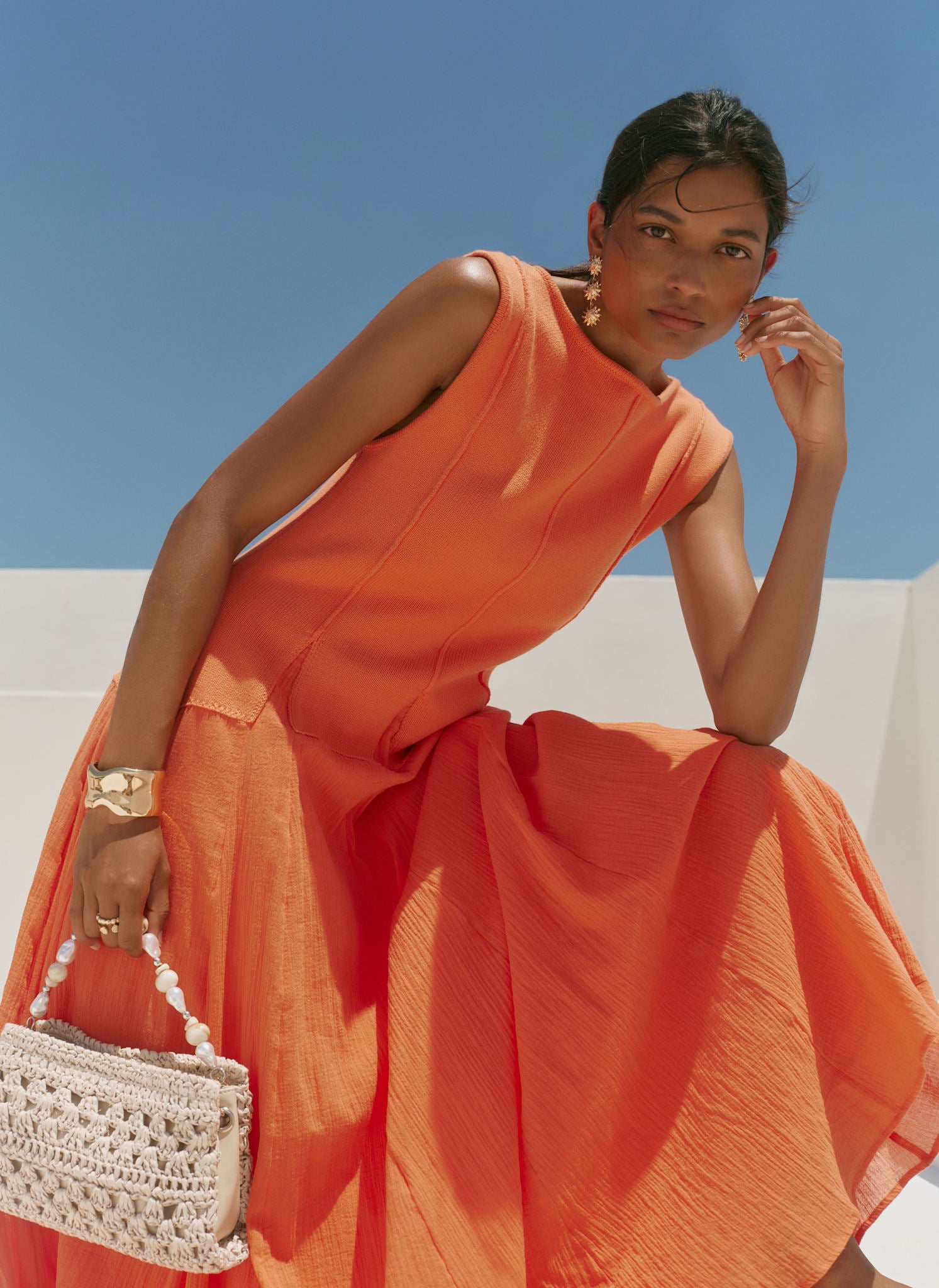 Orange Cotton Blend Drop Waist Maxi Dress