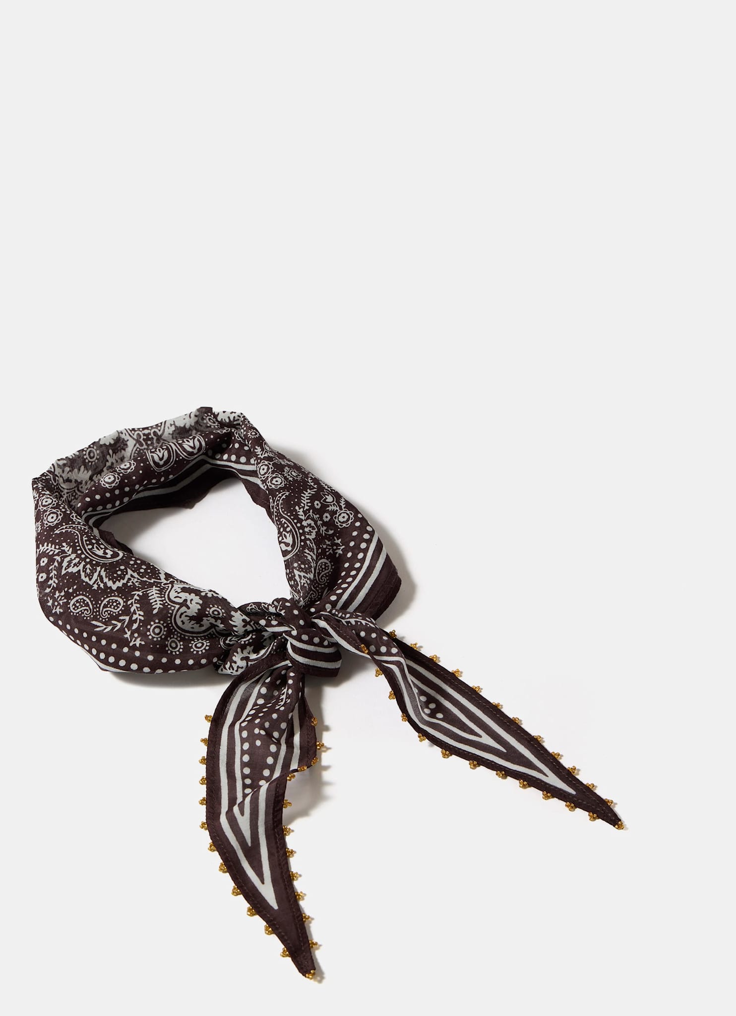 Brown Paisley Print Beaded Neck Scarf