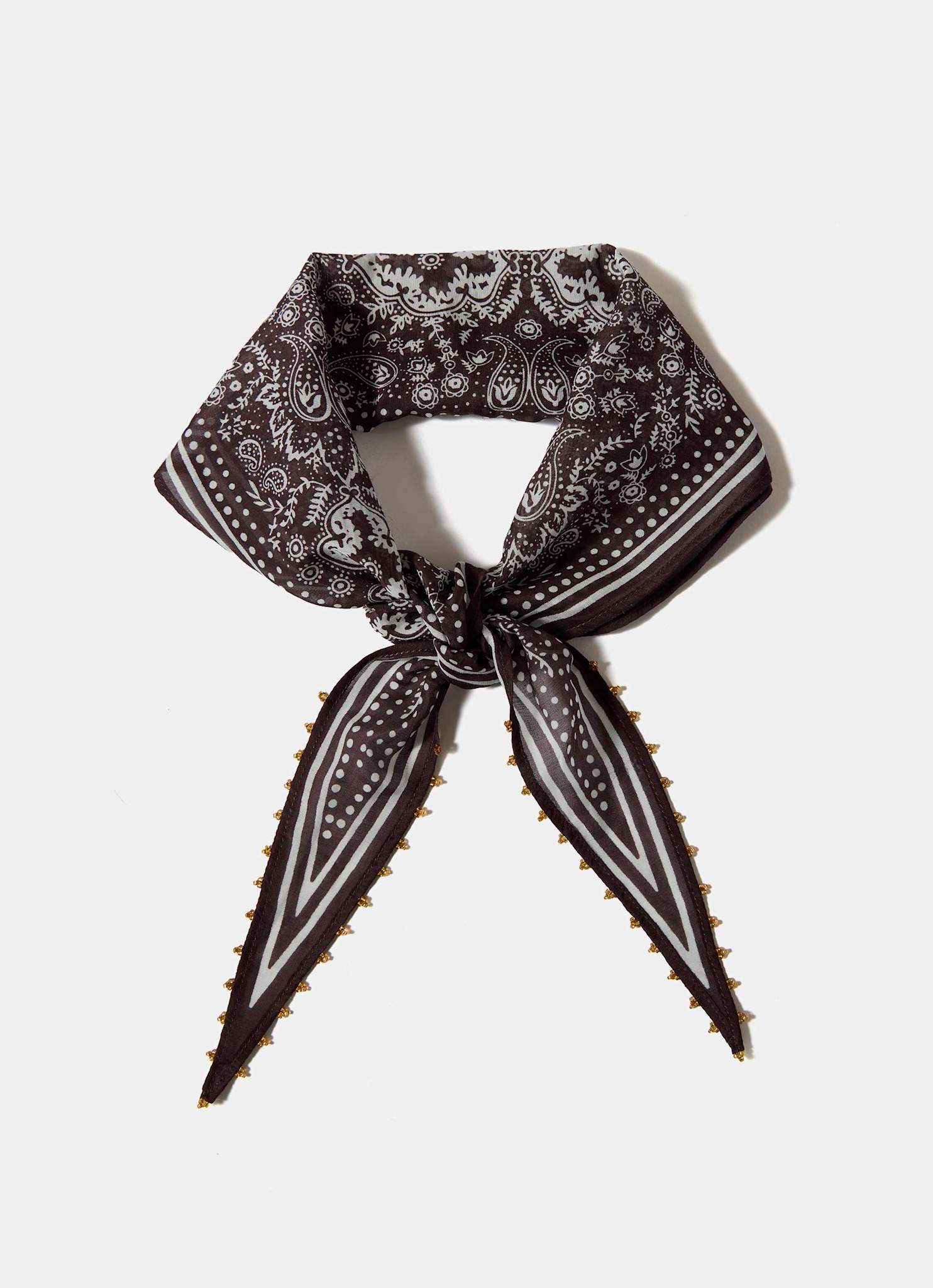 Brown Paisley Print Beaded Neck Scarf