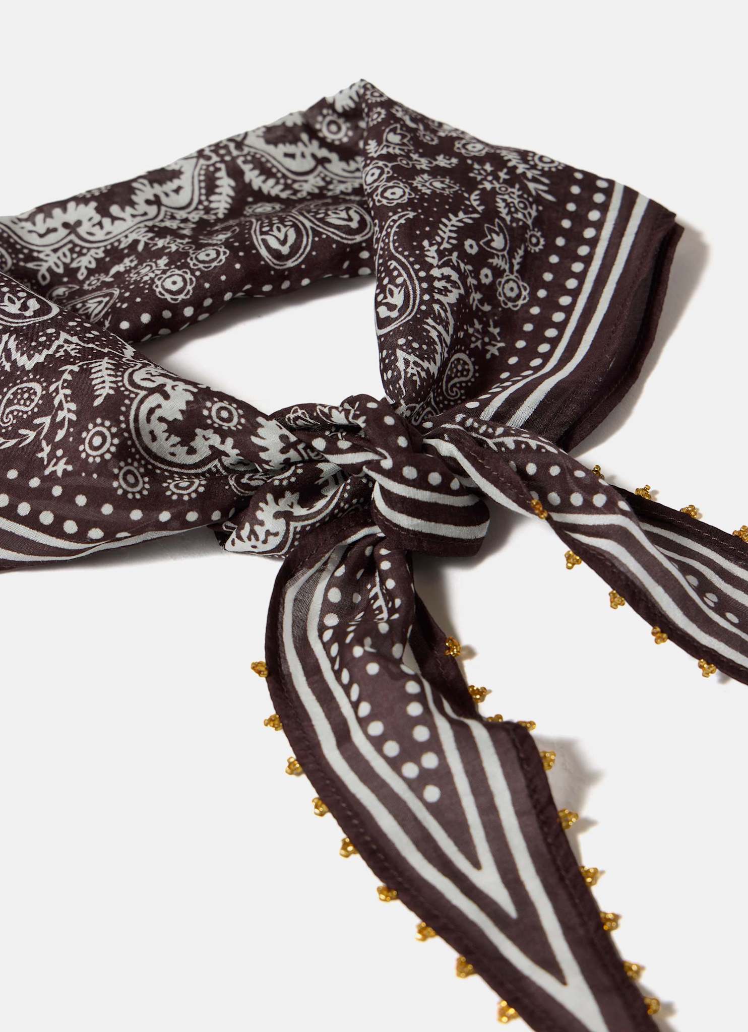 Brown Paisley Print Beaded Neck Scarf