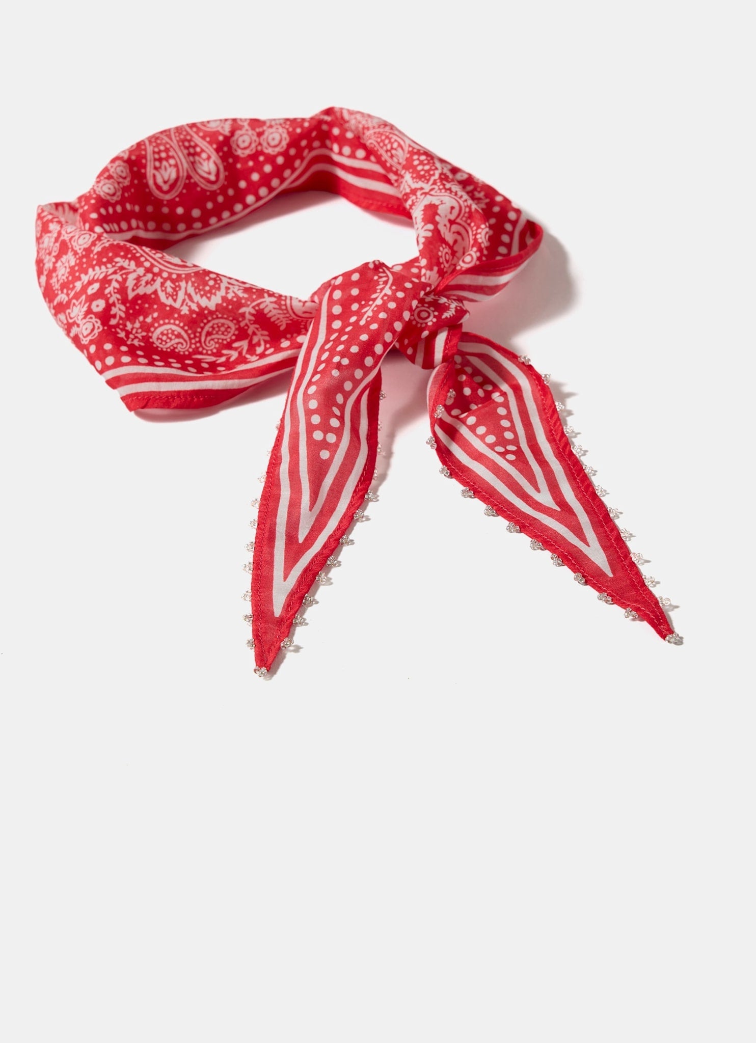 Red Paisley Print Beaded Neck Scarf