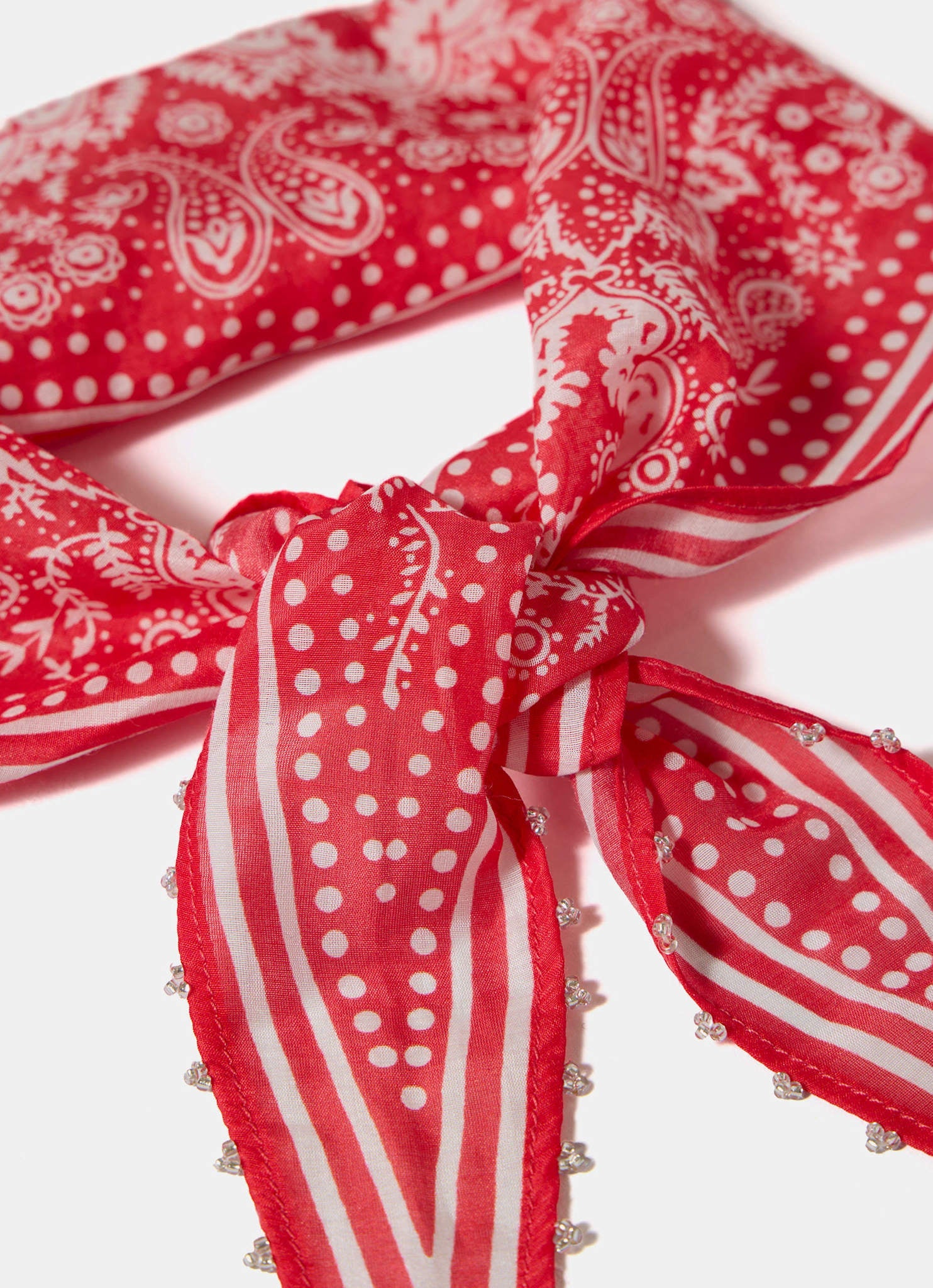 Red Paisley Print Beaded Neck Scarf