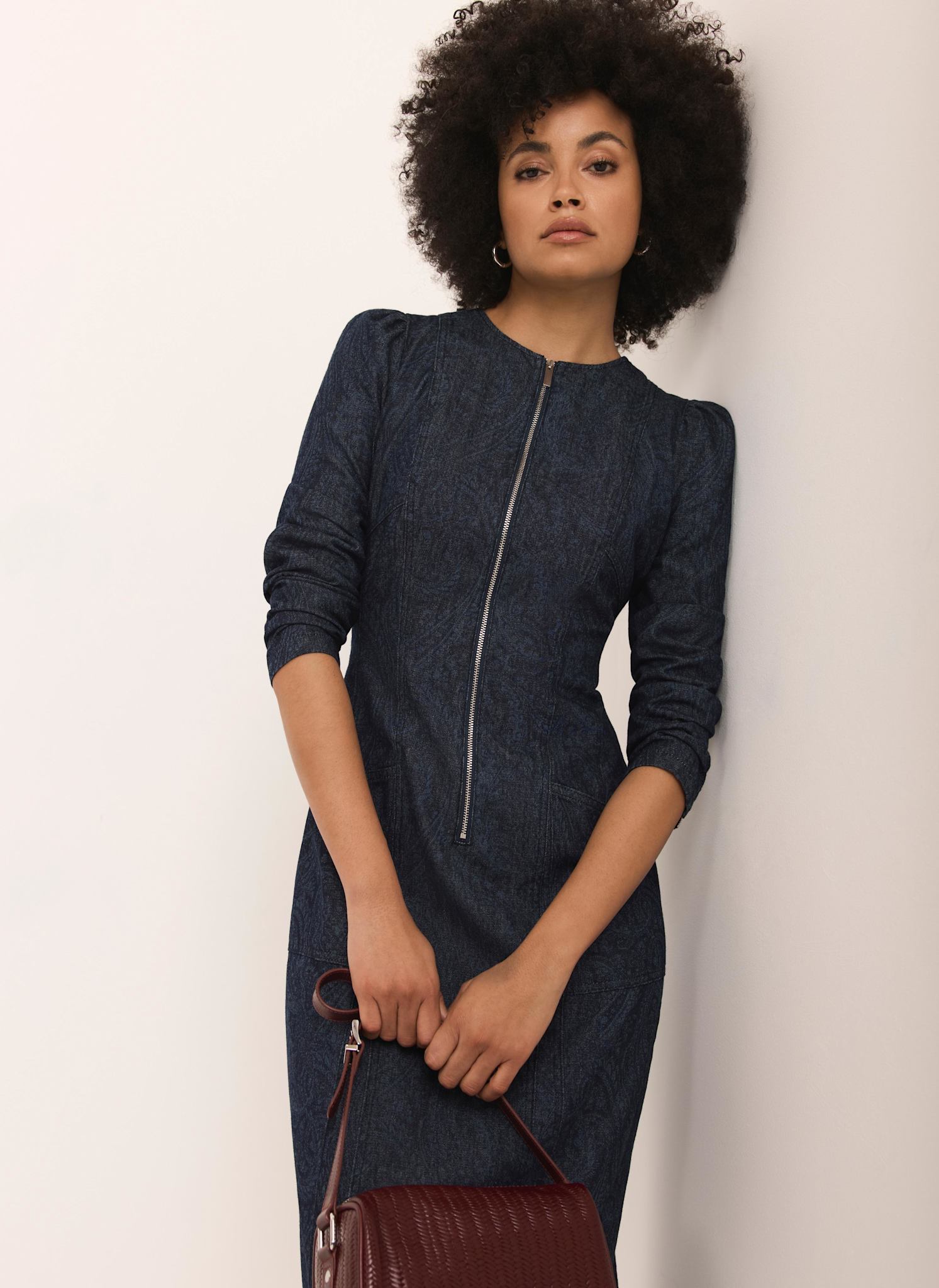 Dark Indigo Paisley Print Denim Midi Dress