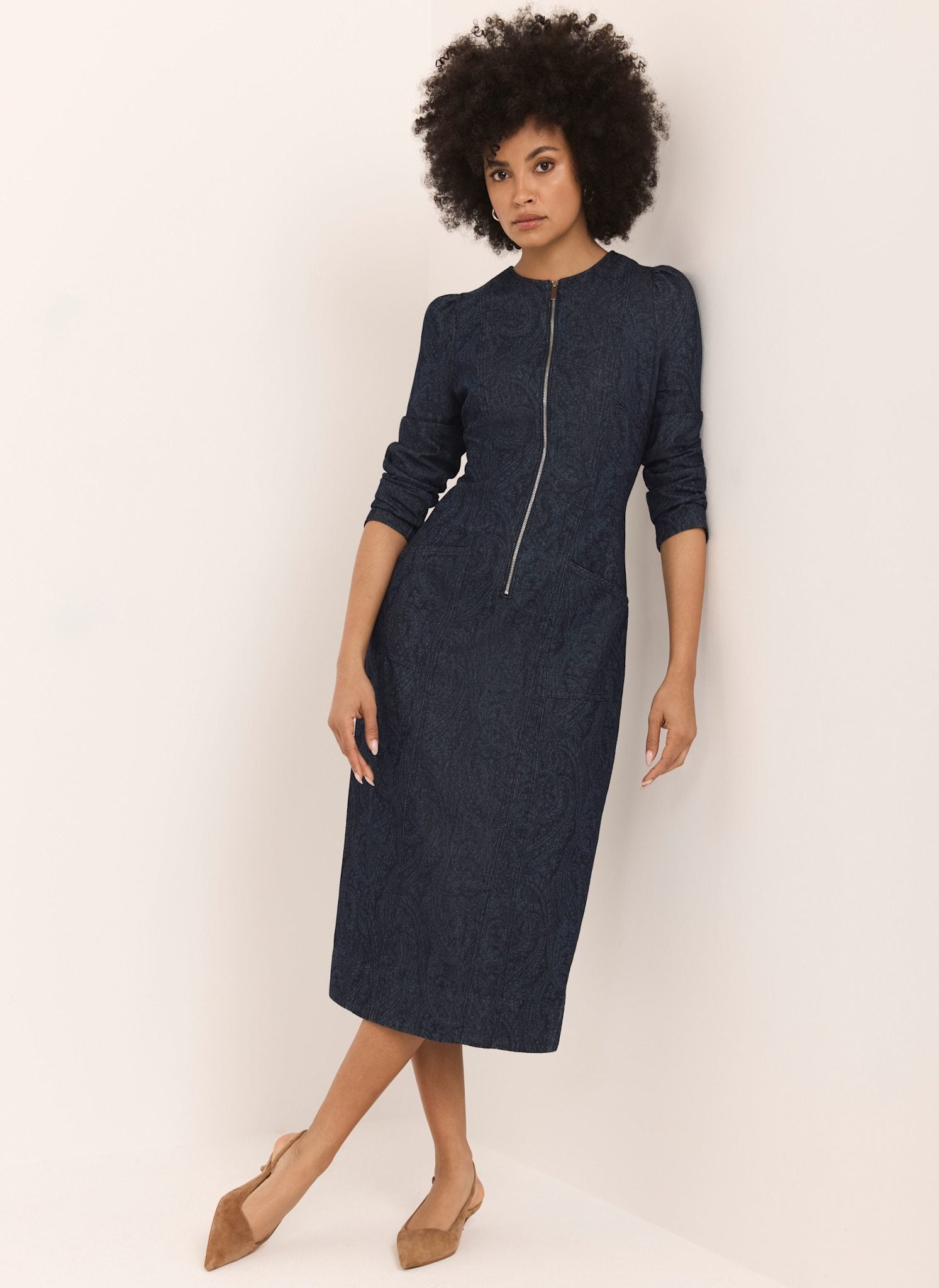 Dark Indigo Paisley Print Denim Midi Dress