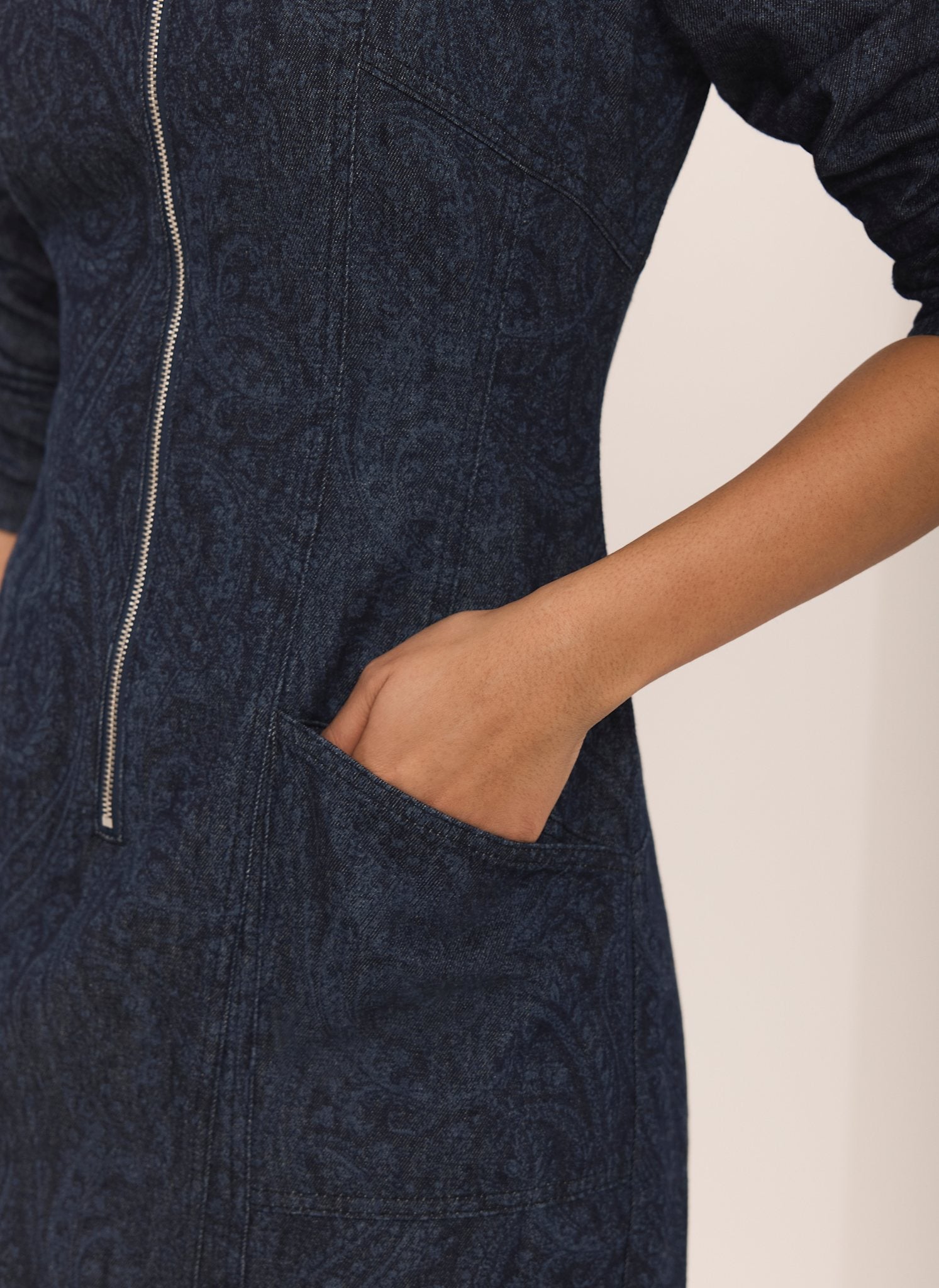 Dark Indigo Paisley Print Denim Midi Dress