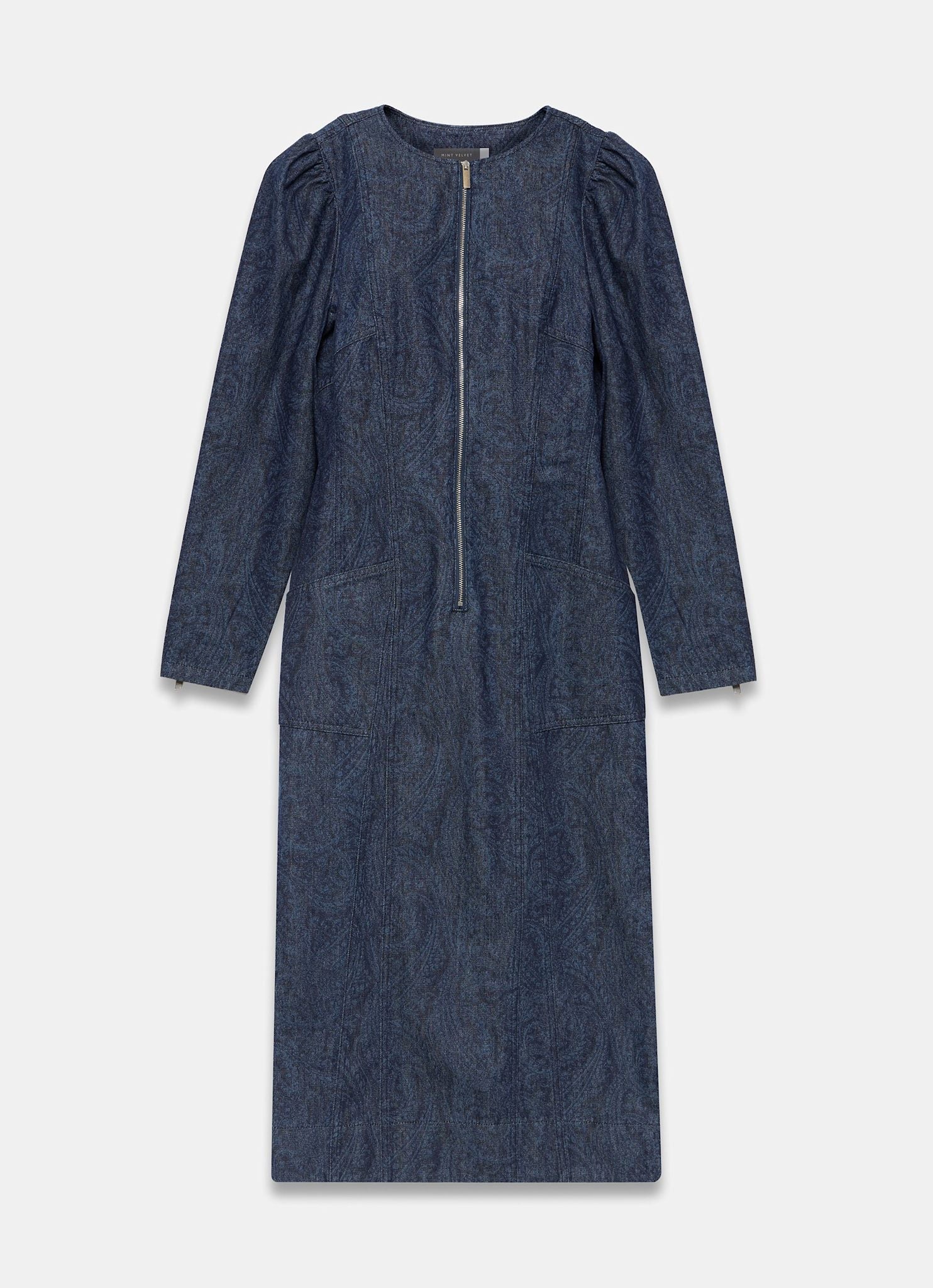 Dark Indigo Paisley Print Denim Midi Dress