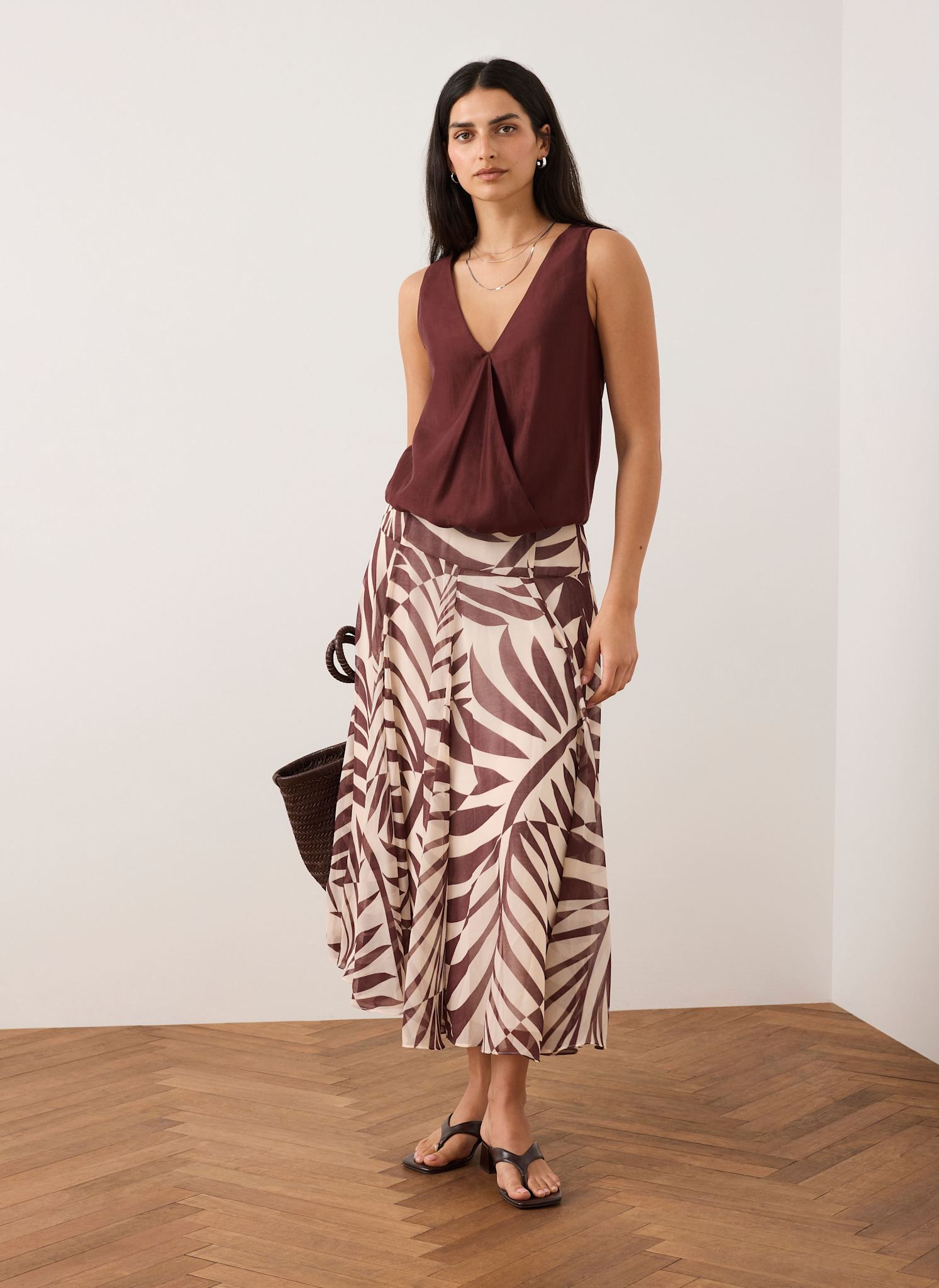 Burgundy Palm Print Maxi Skirt