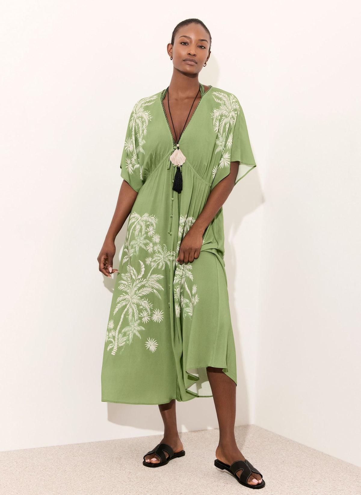 Green Palm Print Maxi Beach Dress
