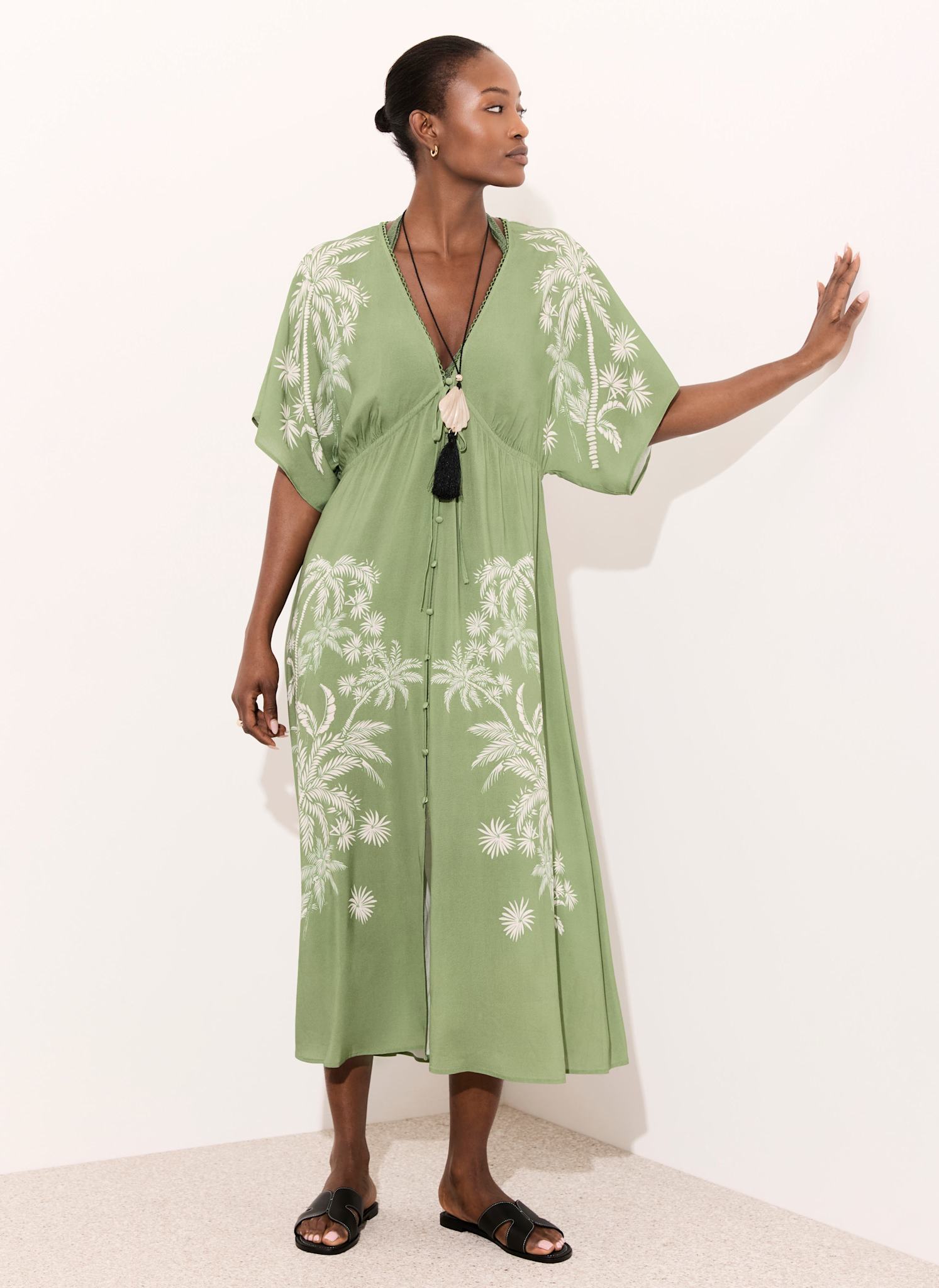 Green Palm Print Maxi Beach Dress