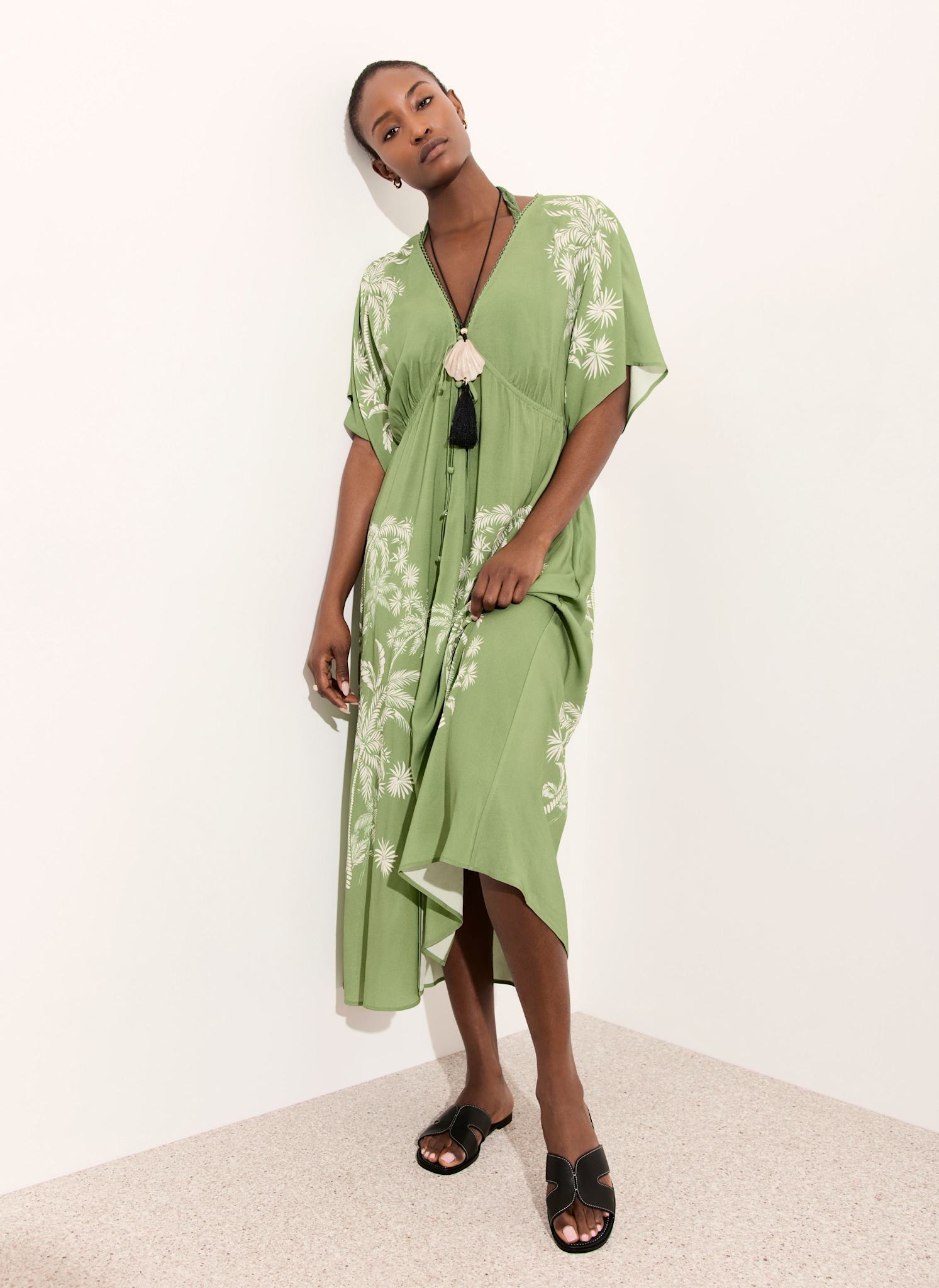 Green Palm Print Maxi Beach Dress