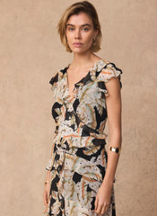 Black Palm Print Ruffle Midi Dress