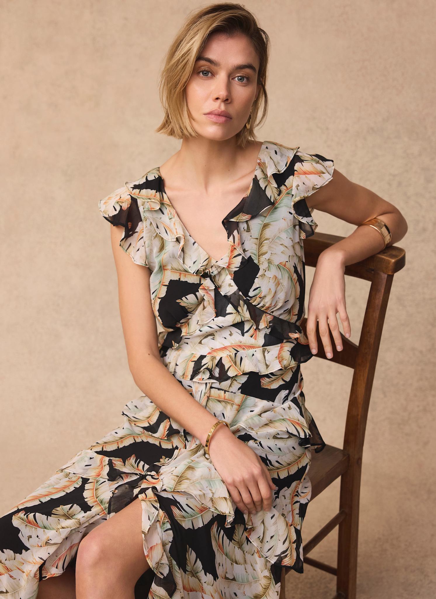 Black Palm Print Ruffle Midi Dress