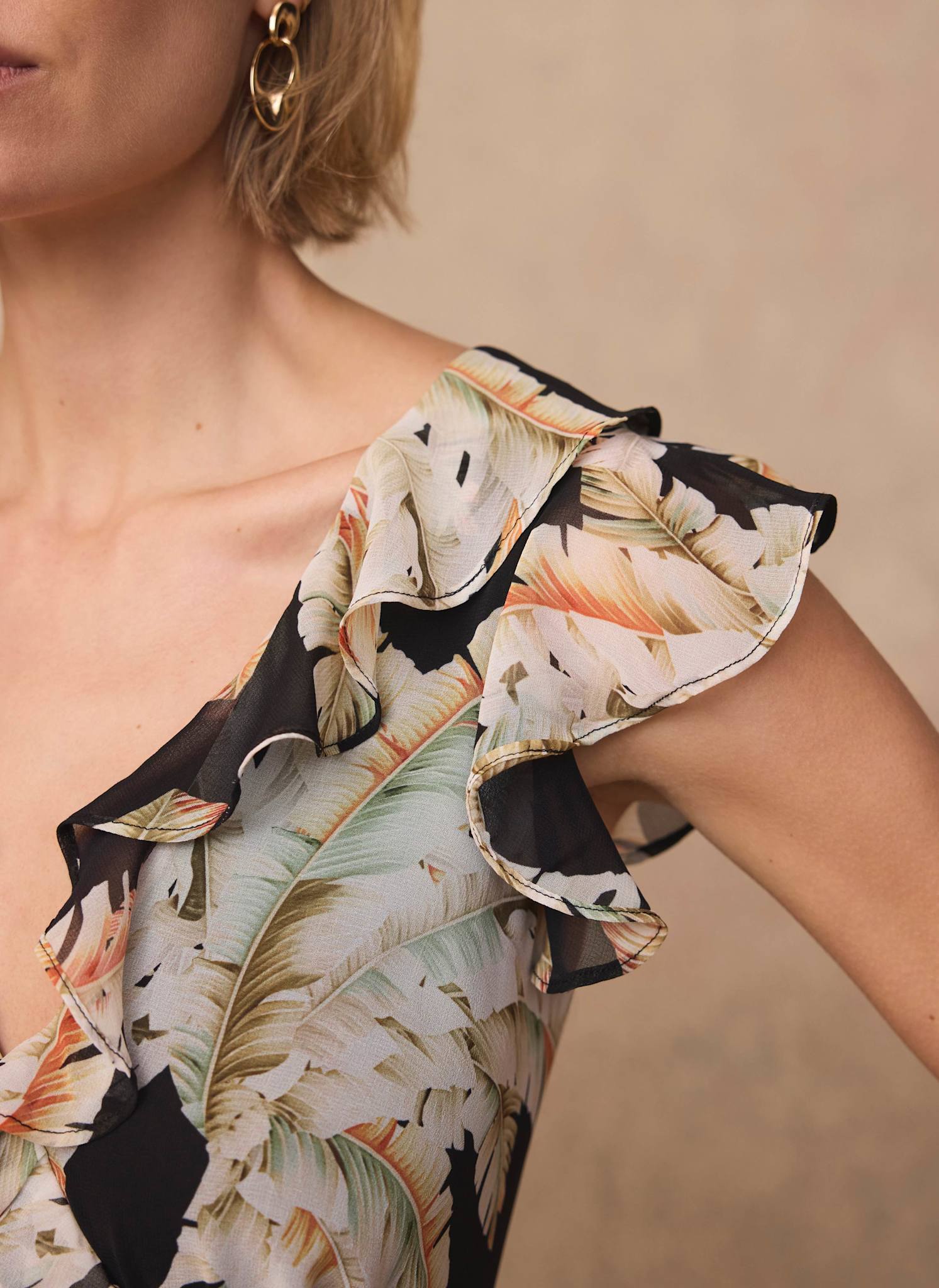 Black Palm Print Ruffle Midi Dress