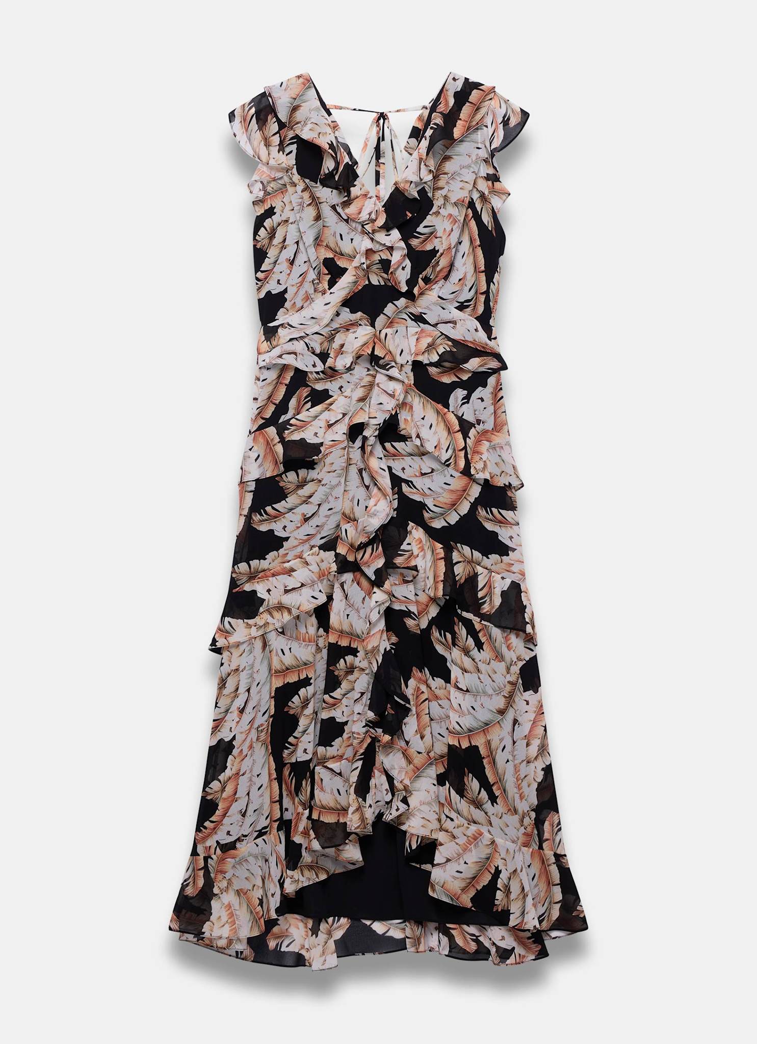Black Palm Print Ruffle Midi Dress