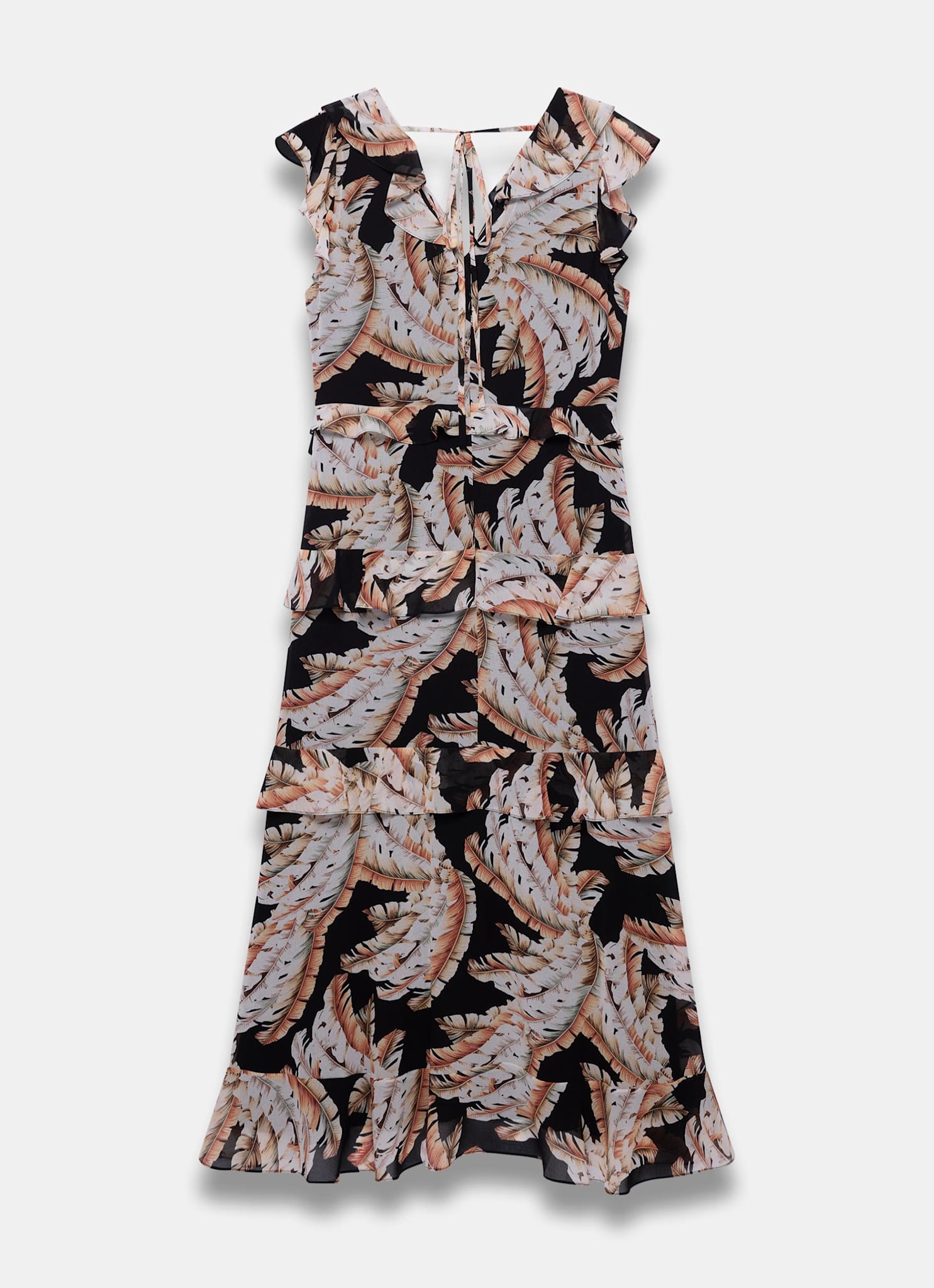 Black Palm Print Ruffle Midi Dress