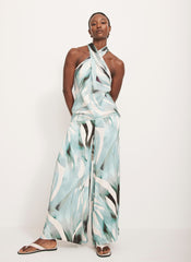 Blue Palm Print Satin Trousers