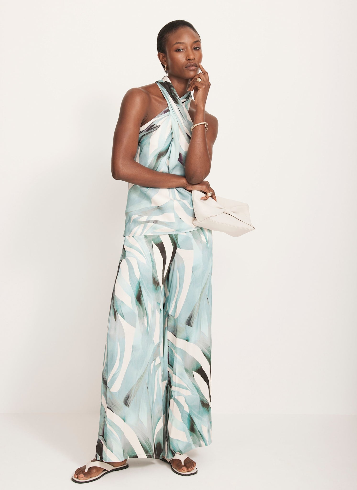 Blue Palm Print Satin Trousers