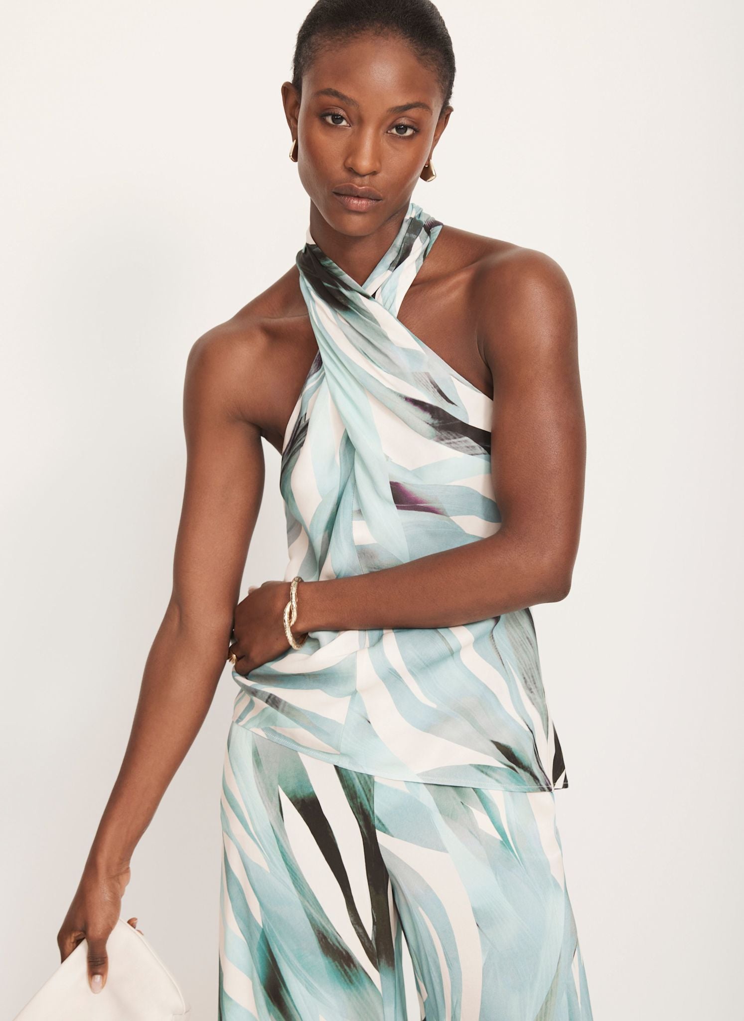 Blue Palm Print Satin Trousers